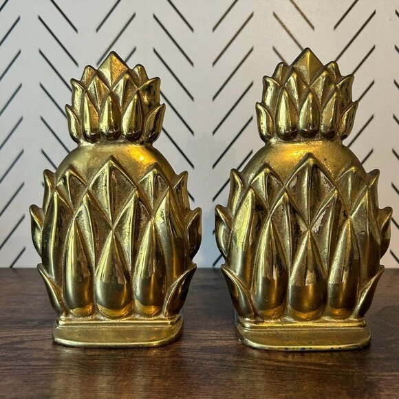 Set of 2 Virginia Metalcrafters Brass Newport Pineapple Bookends MCM Hospitality - Picture 11 of 13